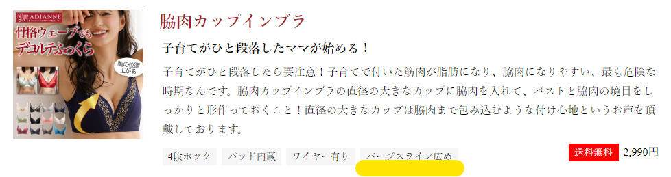 脇肉カップインブラはバージスライン広め